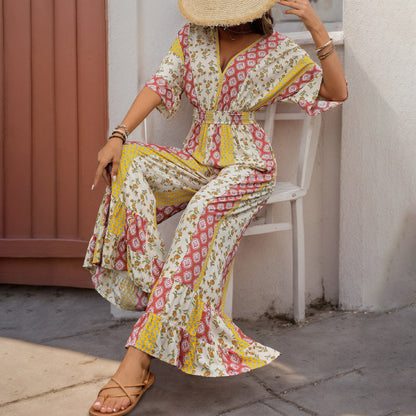 Damen Jumpsuit Floralmuster Weite Beine Norvielle