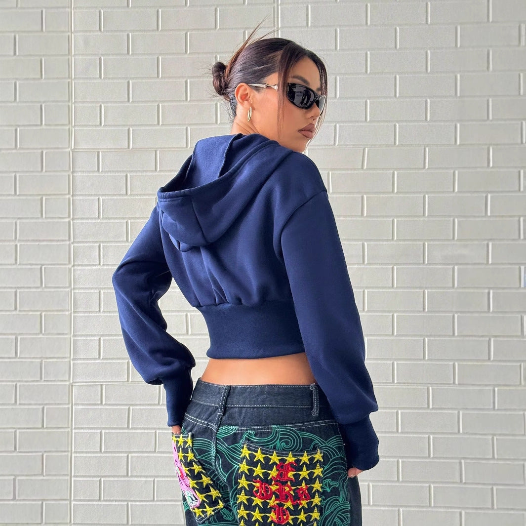 Damen Cropped Kapuzenpullover Reißverschluss Breite Ärmel Norvielle