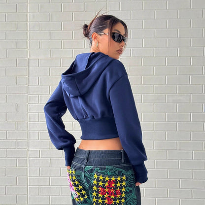 Damen Cropped Kapuzenpullover Reißverschluss Breite Ärmel Norvielle