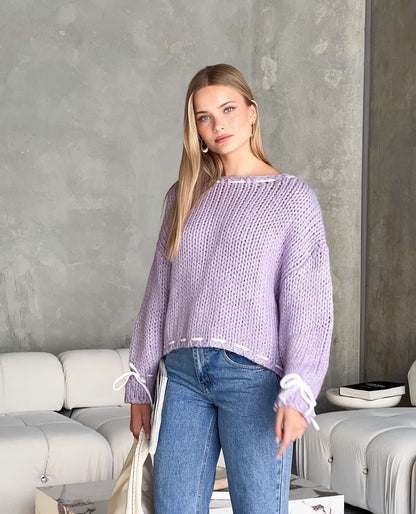 Damen Strickpullover Offene Schultern Kordelzug Norvielle