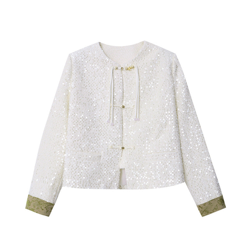 Damen Bouclé-Jacke mit Pailletten und Kontrastärmeln
