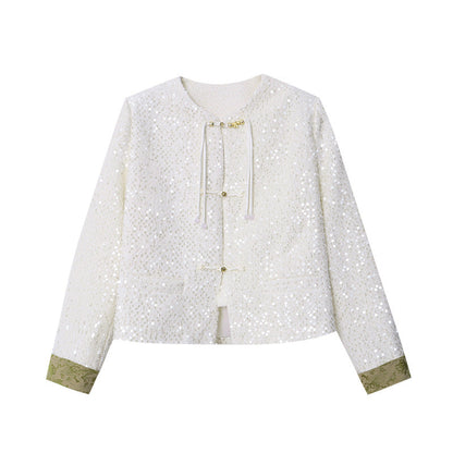 Damen Bouclé-Jacke mit Pailletten und Kontrastärmeln