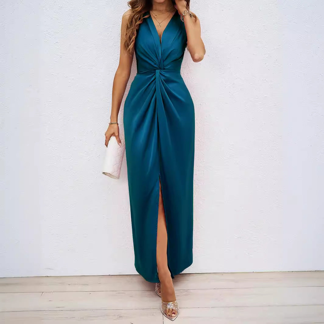 Damen Maxikleid Elegantes Design Raffungsausschnitt