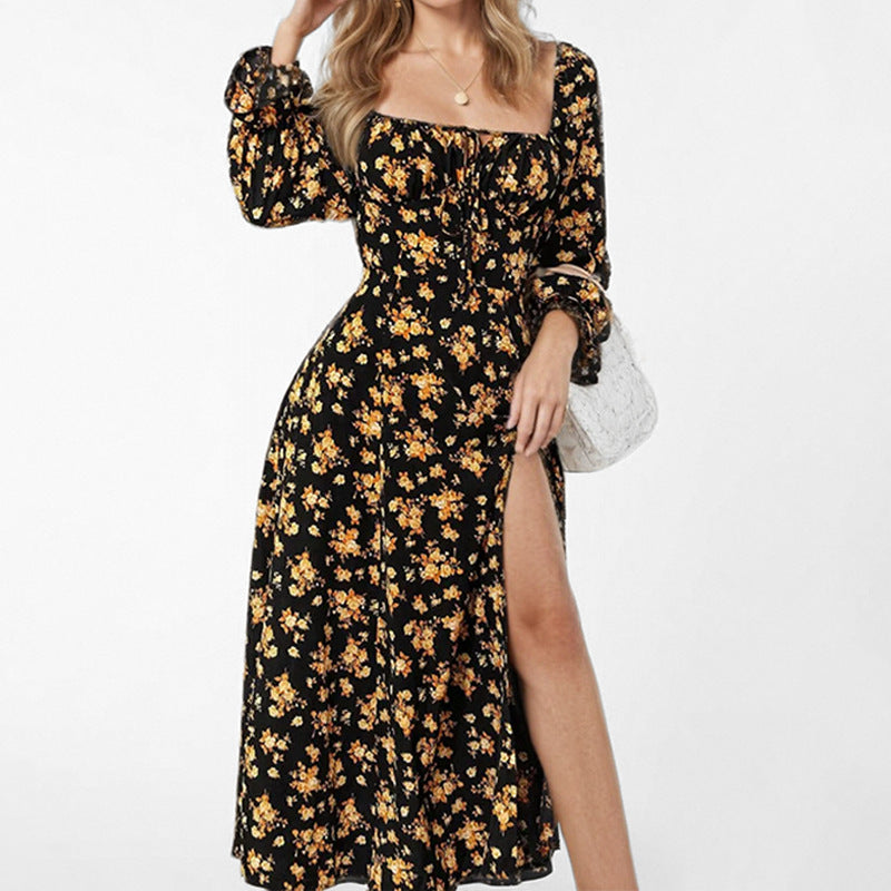 Damen Midi-Kleid Blumendesign Hochschlitz