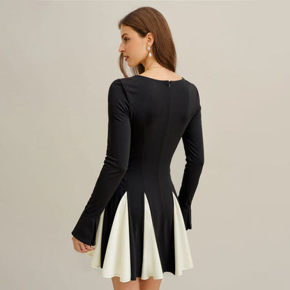Damen A-Linien Kleid Puffärmel Farbkontrast