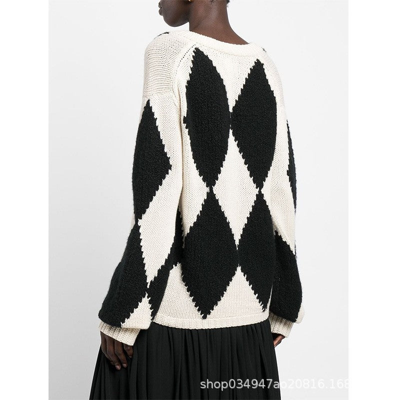 Damen Strickpullover V-Ausschnitt Zickzackmuster Norvielle
