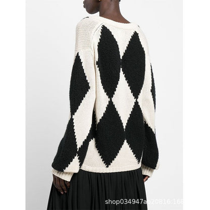 Damen Strickpullover V-Ausschnitt Zickzackmuster Norvielle