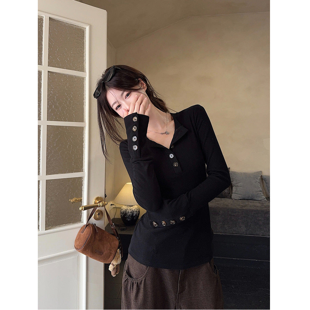Damen Langarmshirt Dekorative Knöpfe Norvielle