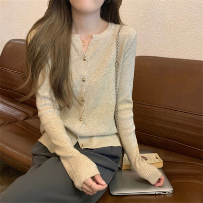 Damen Strickcardigan Elegantes Design Rippstruktur Beige