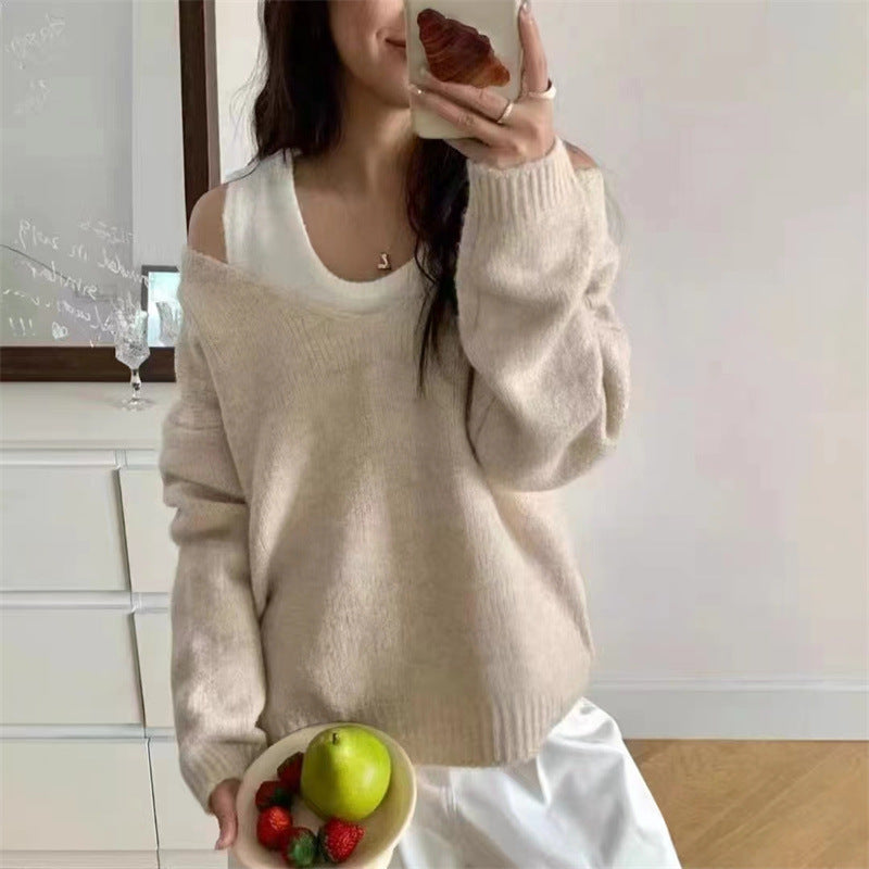 Damen Pullover V-Ausschnitt Offene Schultern Norvielle