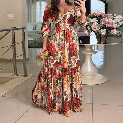 Damen Maxikleid Schulterfrei Floralmuster Rüschensaum Norvielle