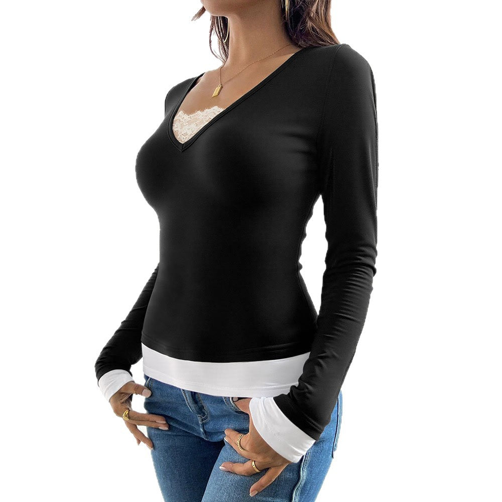 Damen Langarmshirt V-Ausschnitt mit Untertop