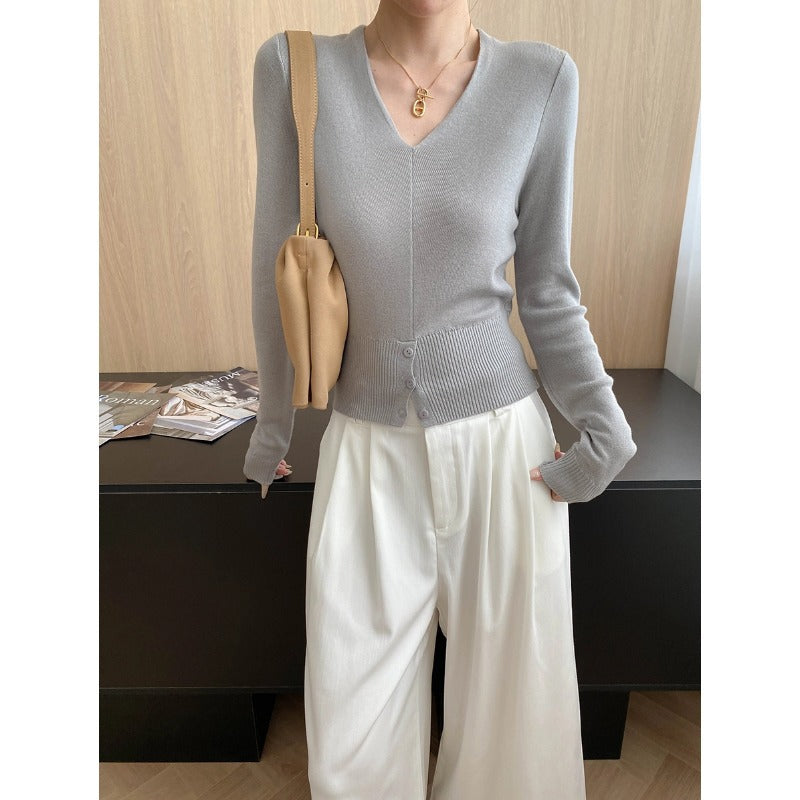 Damen Strickpullover V-Ausschnitt Norvielle Feinripp mit Knöpfen