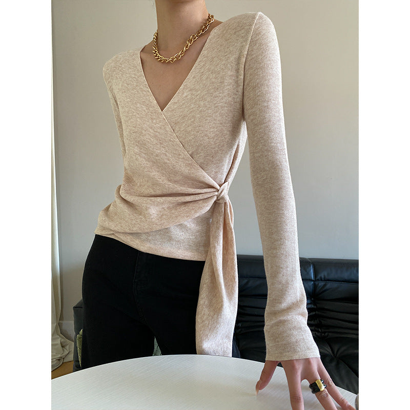 Damen Wickelpullover Weiches Strickmaterial V-Ausschnitt Dekoratives