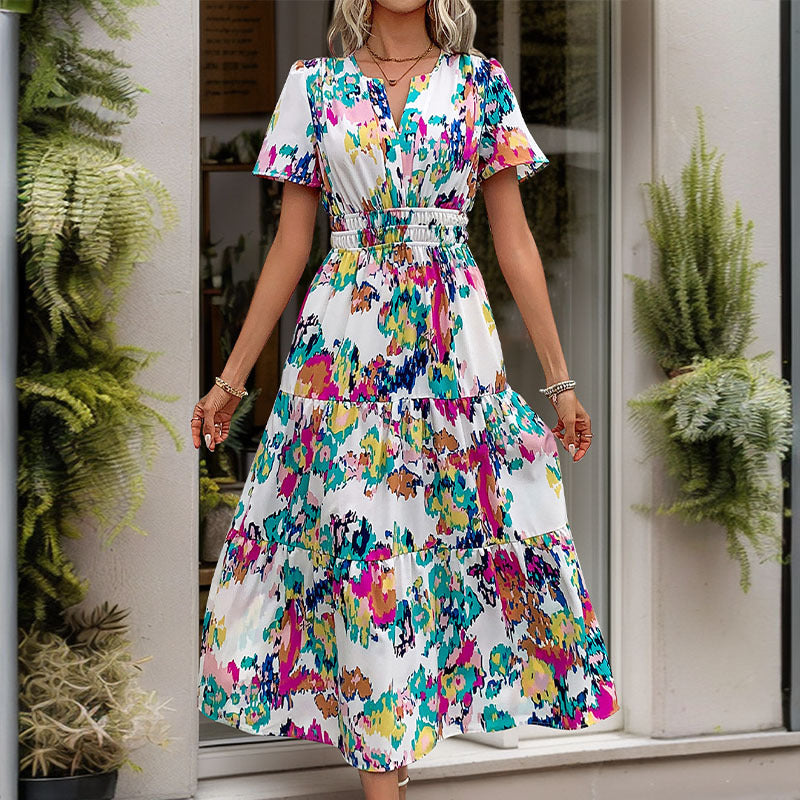 Damen Maxi-Kleid Elastischer Taillengürtel Bunt - Norvielle