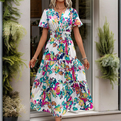 Damen Maxi-Kleid Elastischer Taillengürtel Bunt - Norvielle