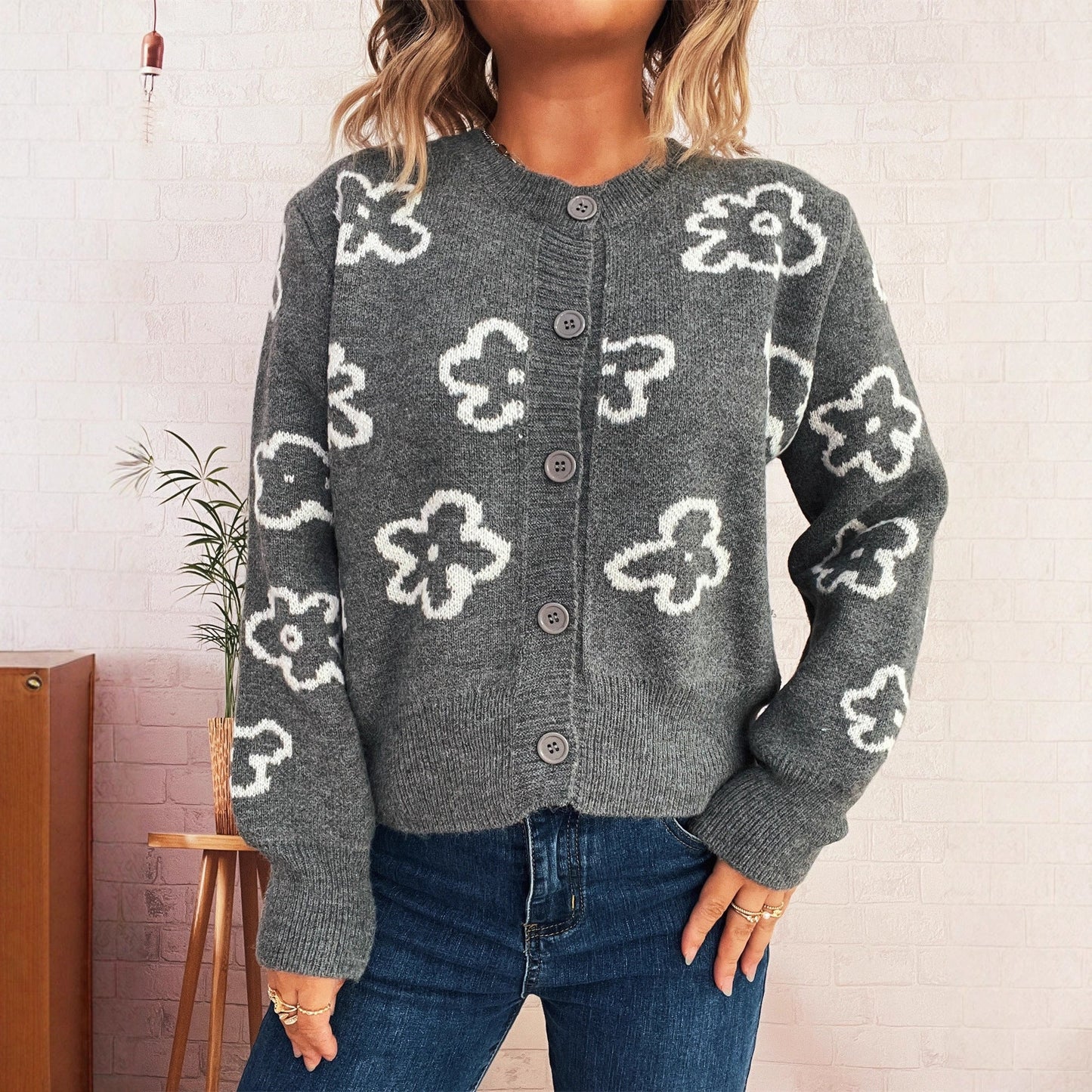 Damen Strickjacke Floralmuster Knöpfe Norvielle