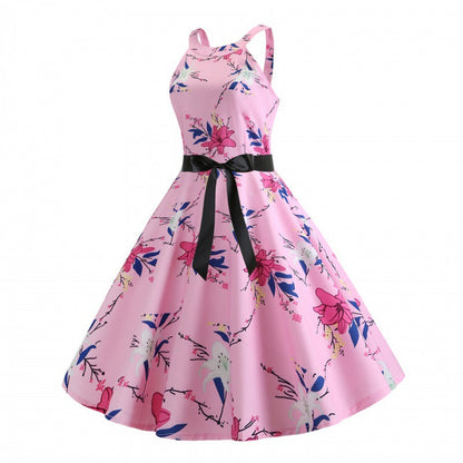 Damen A-Linien Kleid Floralmuster Eleganter Taillengürtel