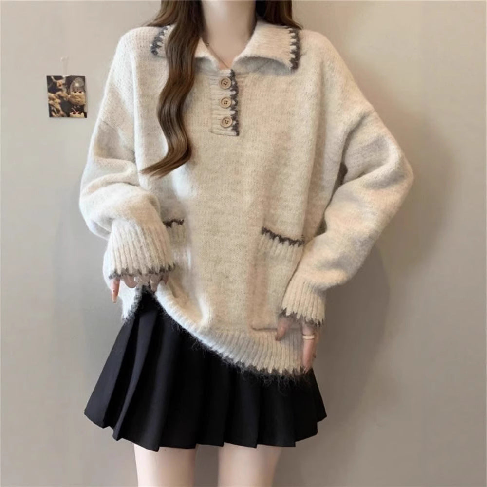 Damen Strickpullover mit Kragen und Knöpfen - Norvielle