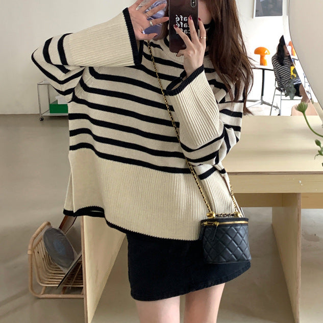 Damen Strickpullover Gestreift Komfortschnitt Beige