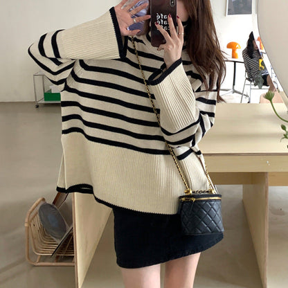 Damen Strickpullover Gestreift Komfortschnitt Beige