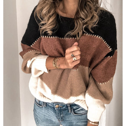 Damen Strickpullover Modernes Farbblock Muster Lässiger Schnitt