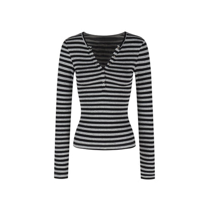 Damen Langarmshirt Streifenmuster Knopfleiste Norvielle