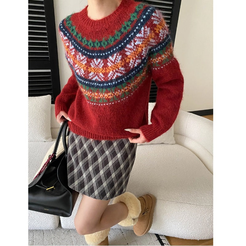 Damen Grobstrickpullover Lebendiges Muster Weite Ärmel Norvielle