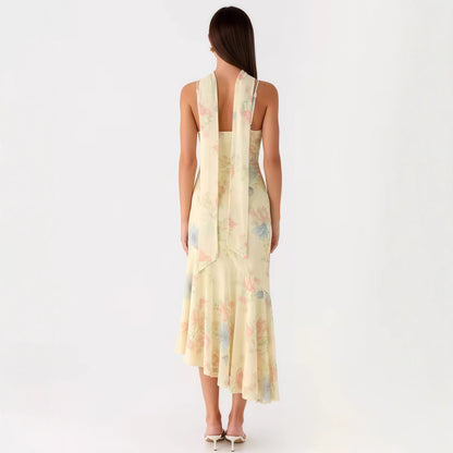 Damen Maxikleid Blumen Chiffon Neckholder