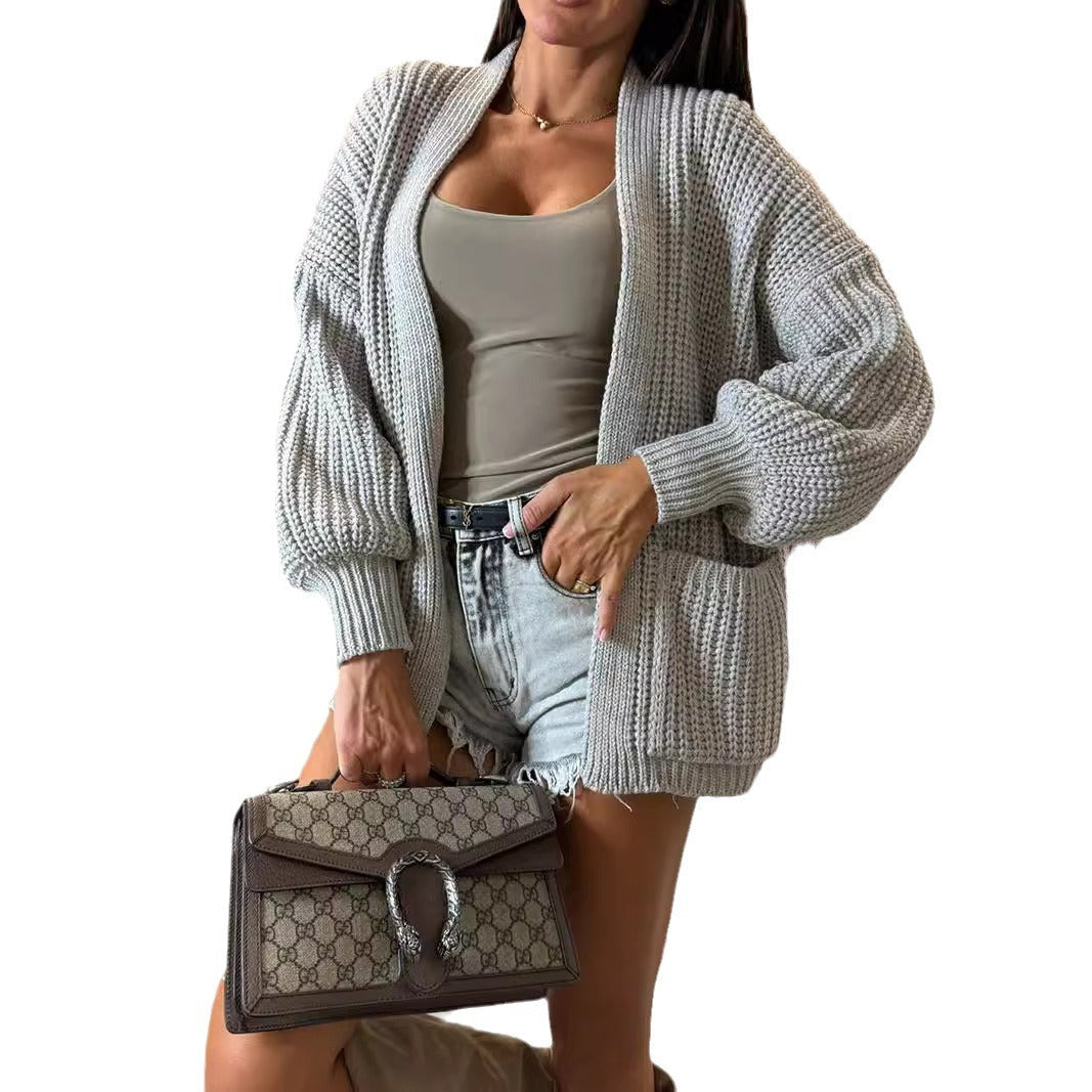 Damen Strickjacke Voluminöse Ärmel Taschen Norvielle