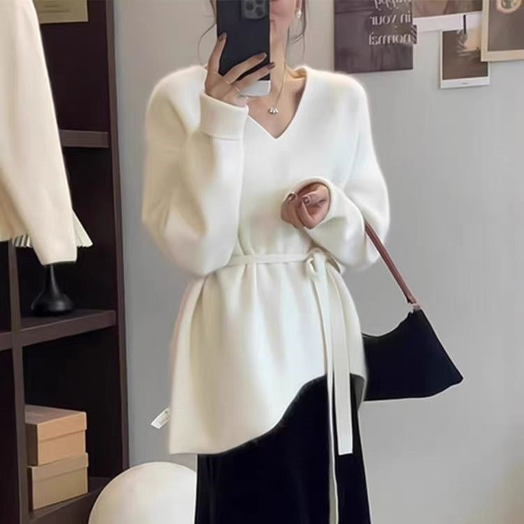 Damen Strickjacke V-Ausschnitt Taillengürtel Norvielle