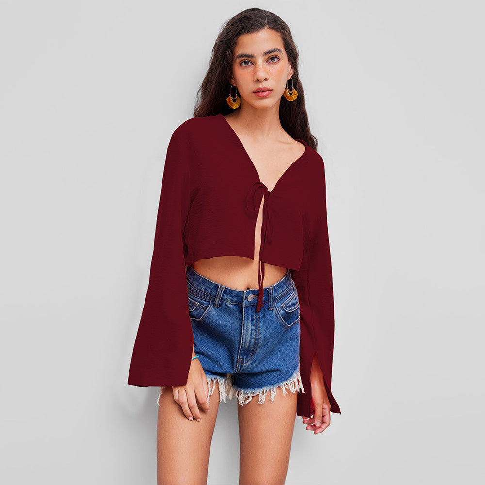 Damen Oberteil V-Ausschnitt Crop- mit Knoten Norvielle