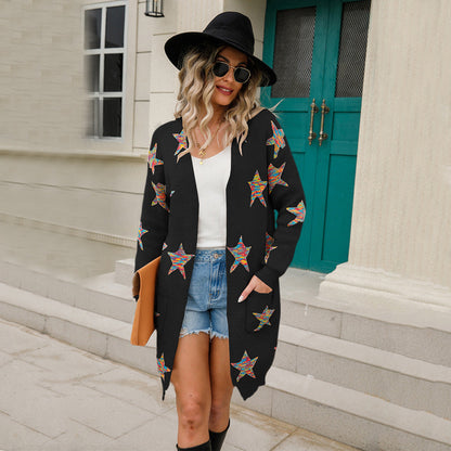 Damen Strickjacke bunt mit Sternenapplikationen