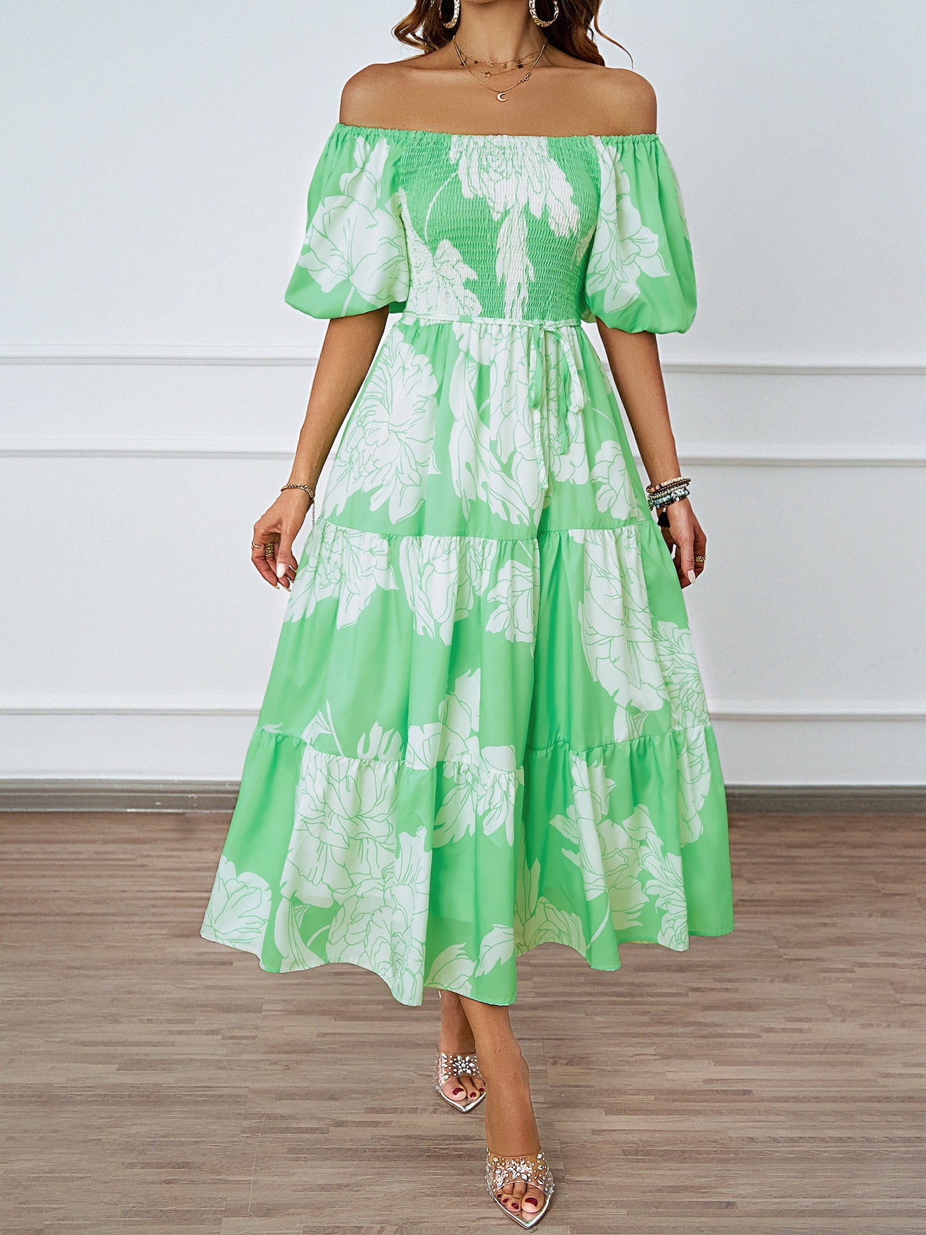 Damen Off-Shoulder Maxikleid Voluminöse Ärmel Print Norvielle