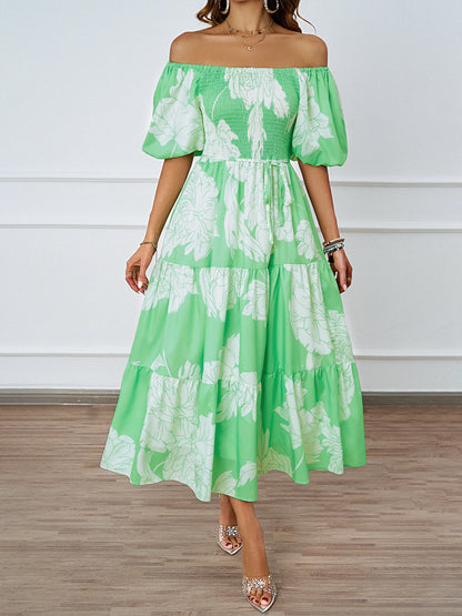 Damen Off-Shoulder Maxikleid Voluminöse Ärmel Print Norvielle