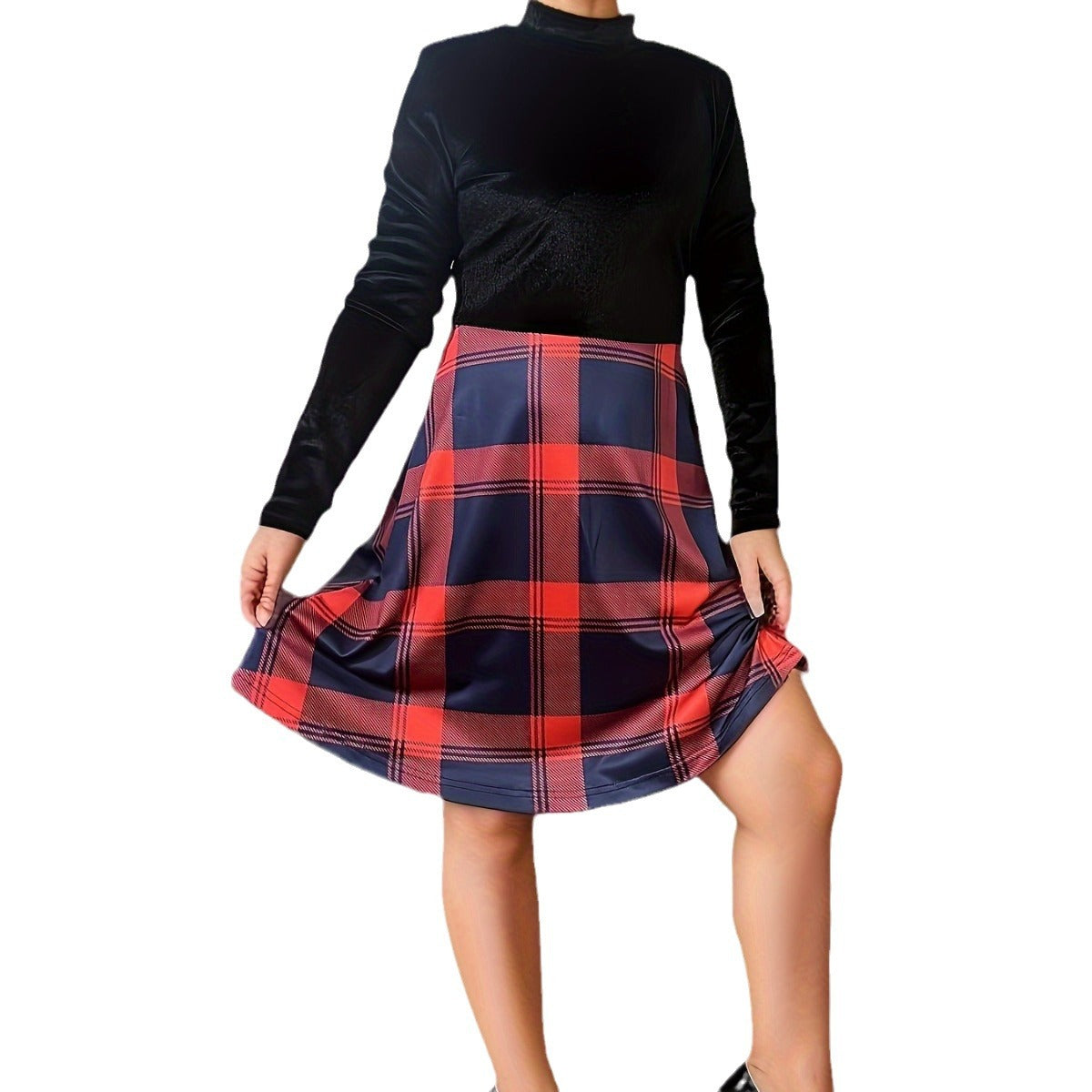 Damen Karo-Kleid Hochgeschlossen Fließender Rock Norvielle