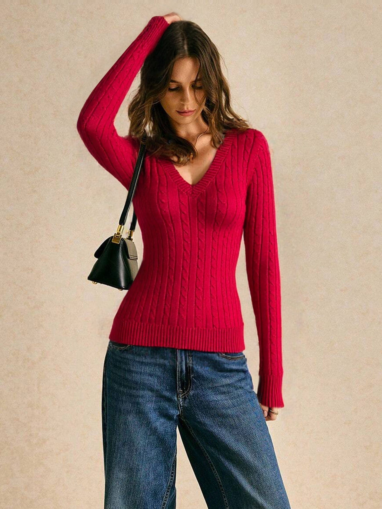 Damen Strickpullover V-Ausschnitt Rippmuster