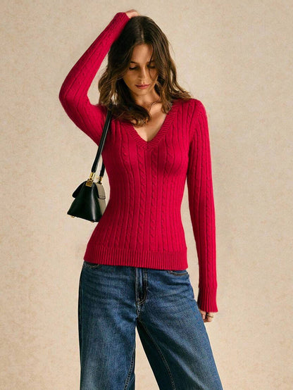 Damen Strickpullover V-Ausschnitt Rippmuster