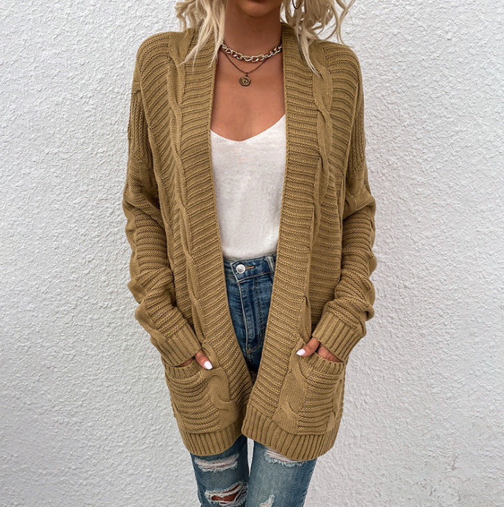 Damen Grobstrick-Cardigan Offenes Frontdesign Mit Taschen Norvielle