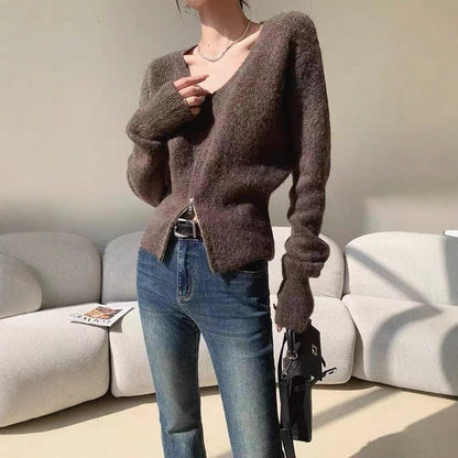 Damen Strickcardigan V-Ausschnitt Reißverschluss Norvielle - Norvielle