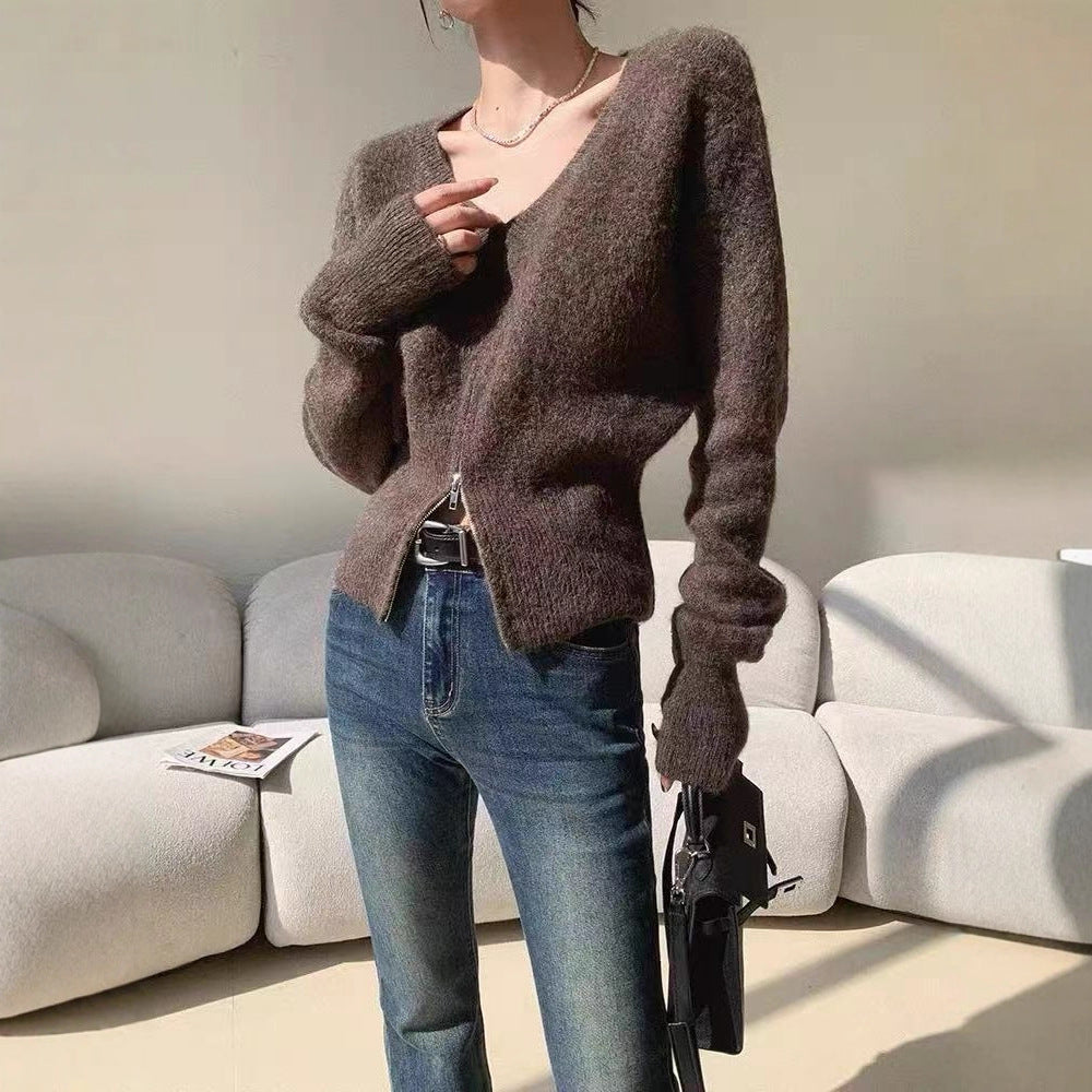 Damen Strickjacke V-Ausschnitt Reißverschluss Norvielle - Norvielle