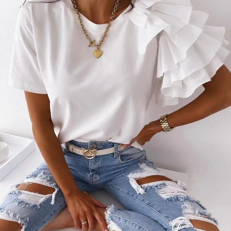 Damen T-Shirt Rüschendetails Baumwolle Weiß
