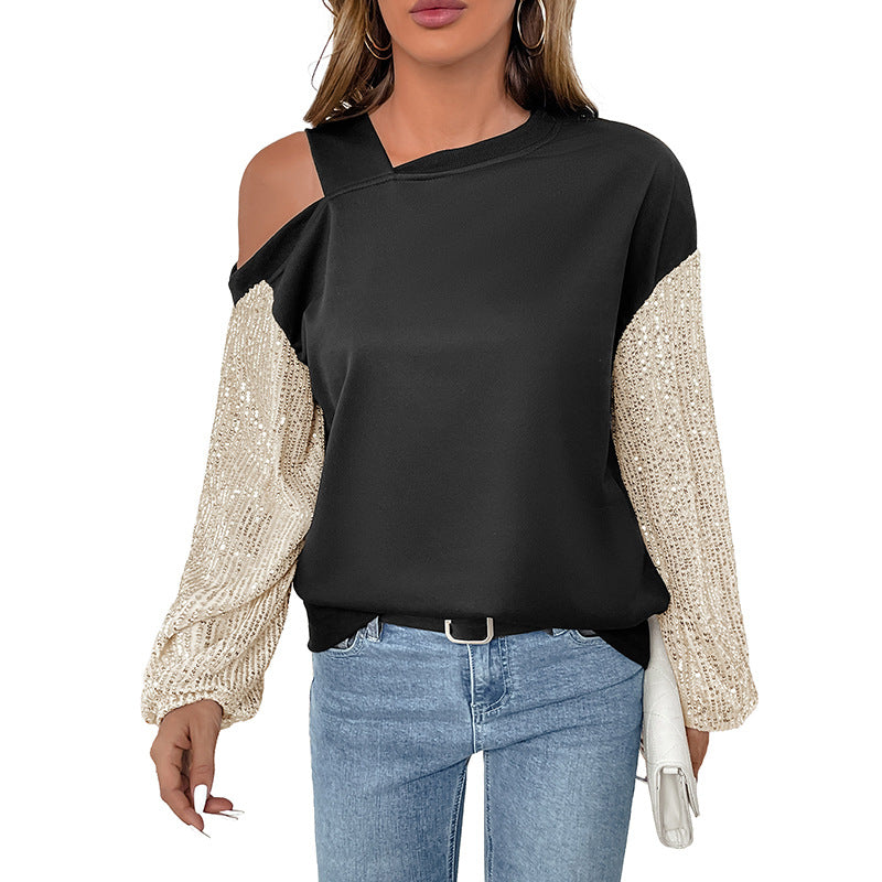 Damen Off-Shoulder Pullover Paillettenärmel Glitzer