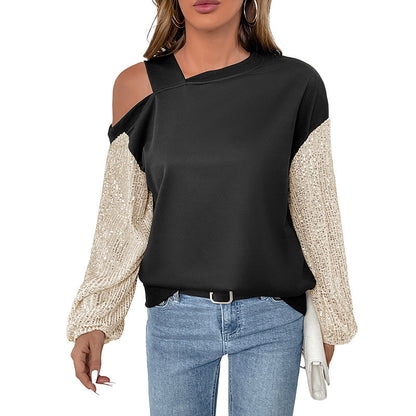 Damen Off-Shoulder Pullover Paillettenärmel Glitzer