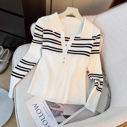 Damen Pullover Gestreift Knopfleiste Klassischer Kragen