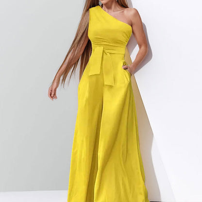 Damen One-Shoulder Jumpsuit mit Taillengürtel und weiten Beinen