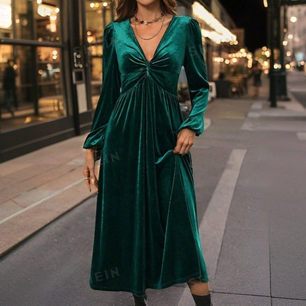 Damen Samt-Kleid Midi Wickeldesign V-Ausschnitt Norvielle