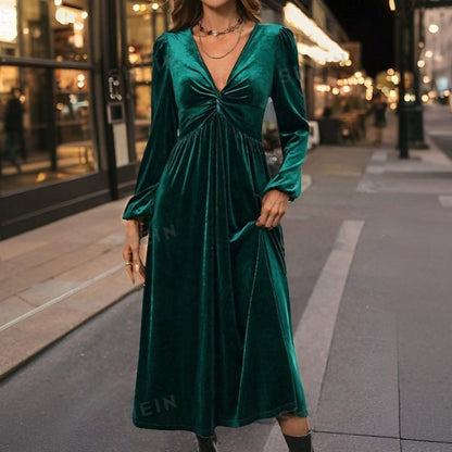 Damen Samt-Kleid Midi Wickeldesign V-Ausschnitt Norvielle