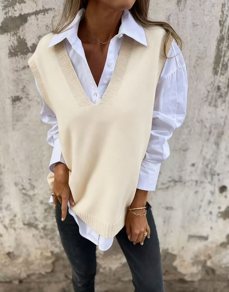 Damen Strickpullunder V-Ausschnitt Rippdetails Norvielle