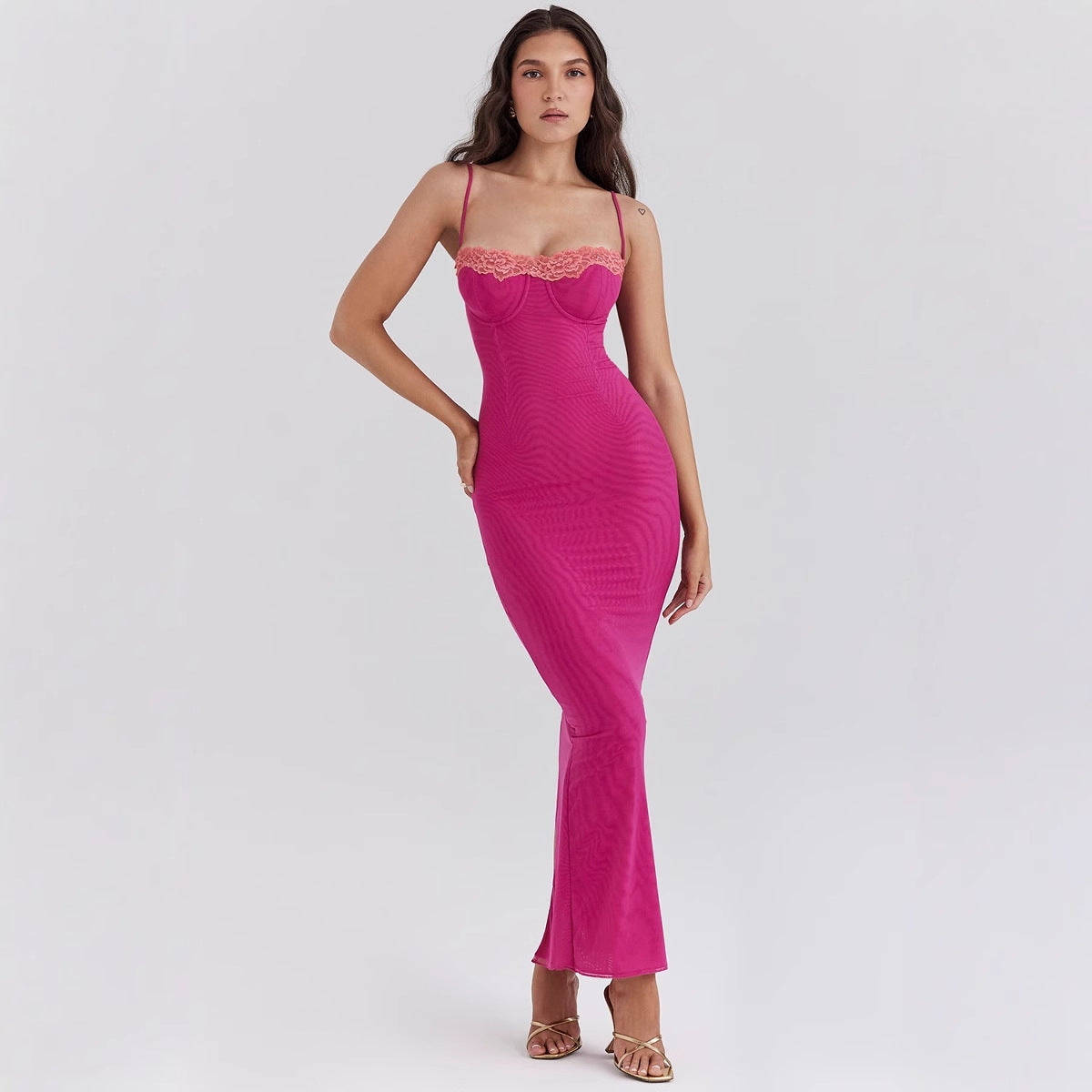 Damen Maxikleid Herzförmiger Ausschnitt Transparent Norvielle